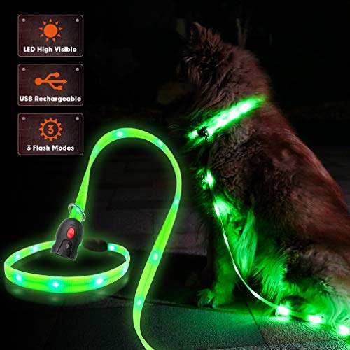 EXPAWLORER Rechargeable LED Dog Collar with Leash - Adjustable Size - USB Rechargeable
