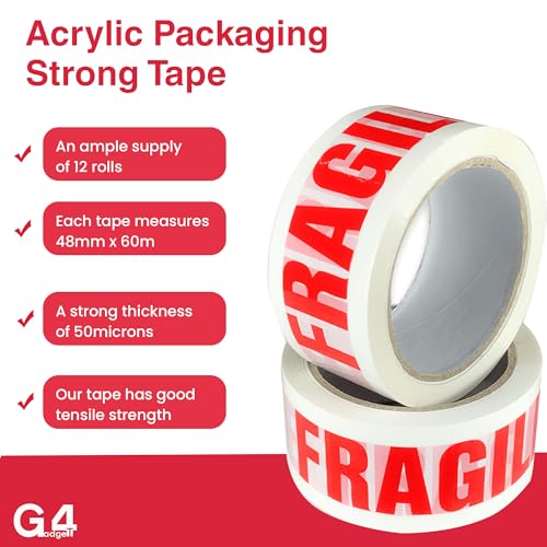 G4GADGET Pack of Strong Packing Tape - 48mm x 66m - Heavy Duty Parcel Tape for Moving Boxes Shipping, and Packaging (12, Fragile) - Image 3