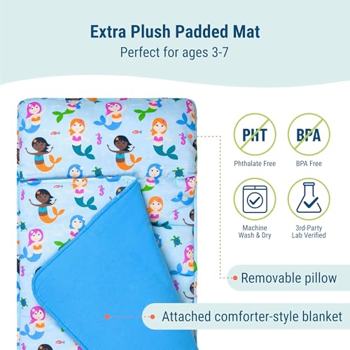 Image of Wildkin Original Nap Mat with Pillow for Toddler Boys and Girls, Ideal for Daycare and Preschool, Measures 50 x 1.5 x 20 Inches, Mom's Choice Award Winner, BPA-Free, Olive Kids (Mermaids) | Removable pillow, 50 x 20 in mat plus 40 x 31 in blanket, machine washable mat, ages 3-7 - preschool ready