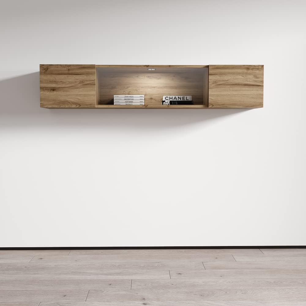 Meble Furniture Floating Media Cabinet Type-52 — Modern Wall-Mounted Storage with LED Lighting — High Gloss Finish, 47.2 x 11.8 x 15.7 inches — Oak