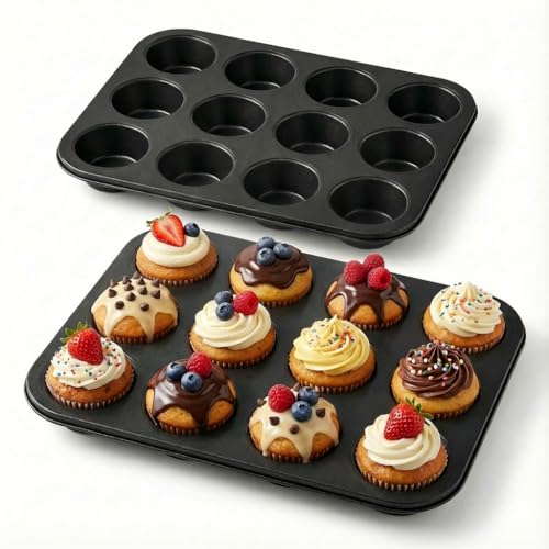 Flajepetals 2 Pack Muffin Tin & Cupcake Pan Set, 12-Cup Nonstick Cup Cake Pans for Baking, Carbon Steel Muffin Trays, Egg Muffin Maker, Mini Quiche Pan