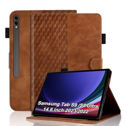 Vkooer Case for Samsung Tab S9 Ultra 2023 / S8 Ultra 14.6 Inch PU Leather Protective Case [SM-X916B/X910N] Tablet Pockets Flip Stand Cover Case Cube with Pen Holder, Brown