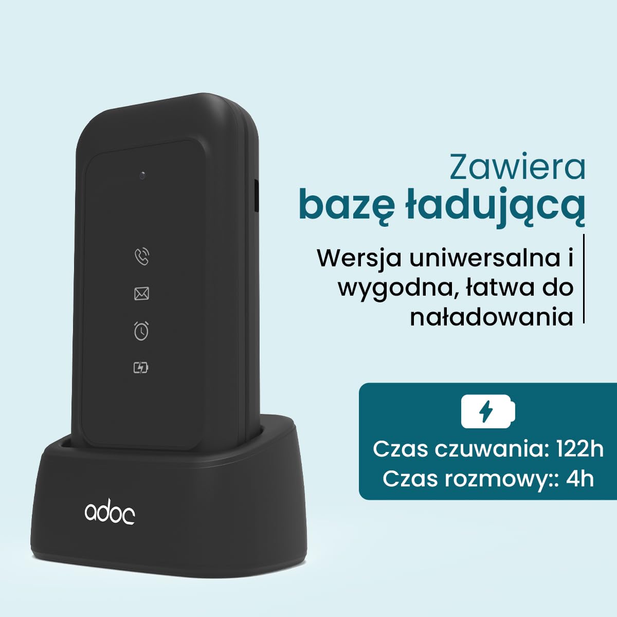 ADOC SC04 telefon komórkowy, format Clamshell, duże klawisze i ikony, łatwy w użyciu, Android 12, Bluetooth, dotykowy, czarny