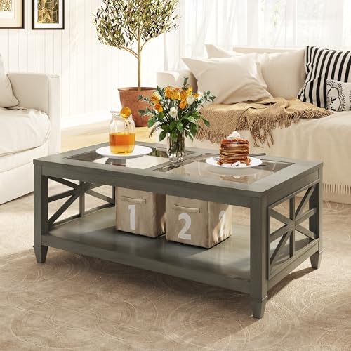 Solid Wood Rectangle Coffee Table with Tempered Glass, 2-Tier Wooden Cocktail Table Rustic Country Antique Center Table Large Dual Glass Coffee Table with Storage Shelf for Living Room, 45.5x26x19in