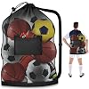 Extra Large Mesh Ball Bag, Heavy Duty 24″x36″ Hold 8-10 Soccer Basketball | Drawstring Sports Equipment Net Sack, Shoulder Strap and Storage Pocket for Coaches, Teams, Volleyball Football