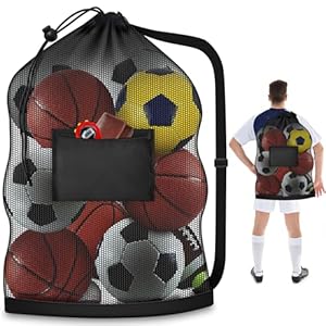 Extra Large Mesh Ball Bag, Heavy Duty Drawstring Storage Bag, 24″ x 36″ Hold 8-10 Soccer Basketball Volleyball, Sports Equipment Sack Net Bags with Shoulder Strap and Pocket for Coaches