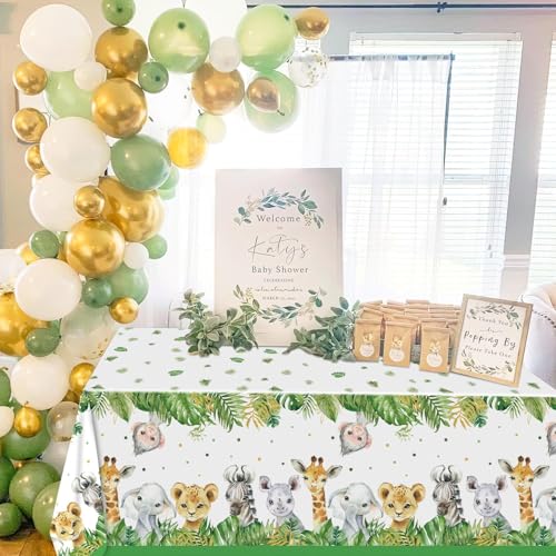 Image of QIYANPAX 4 Pack Jungle Safari Tablecloths, Wild One Table Cover, Animals Plastic Plastic Table Cloth for Sage Green Safari Baby Shower Decorations, 108x54 Inch