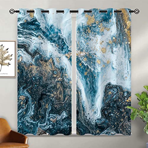 Oninuo Marble Blackout Curtains For Girls Boy Home Decor, Abstract Blue Gold Ocean Granite Texture Grommet Thermal Insulated Drapes Darkening Window Curtain For Bedroom Living Room, 42 X 45 Inch #TOP1