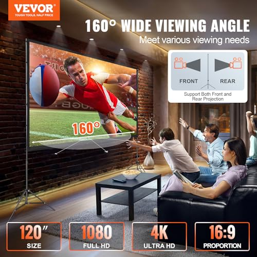 Image of VEVOR Projector Screen with Stand, 120 inch 16:9 4K 1080 HD Outdoor Movie Screen with Stand, Wrinkle-Free Projection Screen with Tripods and Carry Bag, for Home Theater Cinema Backyard Movie Night