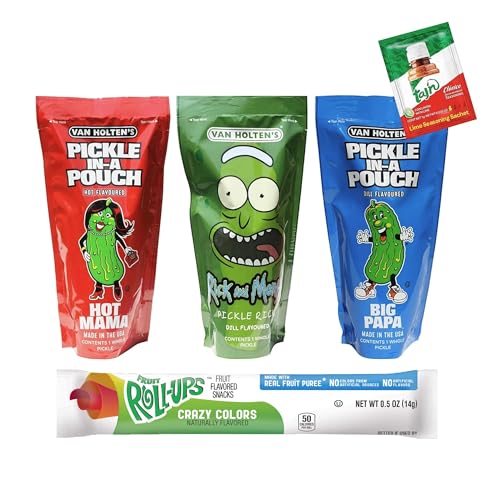 Van Holtens Pickle In A Pouch Assorted Pack (Pickle Rick Hot Mama Big Papa) 306g - Juicy Bold & Tangy American Style Pickles with Fruit Roll & Lime Seasoning - Unique Taste vs Standard Gherkins
