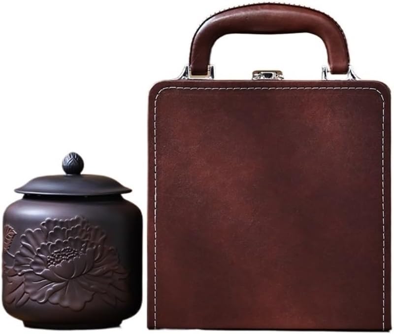 Jar Embossed Purple Pottery Retro Tea Can with Gift Box Packaging Kitchen Sealed Can Loose Tea Storage Container Can Tea Canister (D)