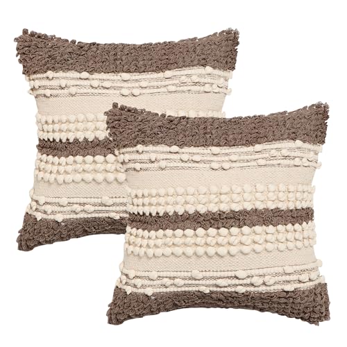 · REDEARTH · Boho Textured Throw Pillow Cases - Woven Tufted Decorative Farmhouse Cushion Covers Set for Couch - Sofa - Bed - Chair - Dining - Patio - Outdoor - 100% Cotton (18x18; Natural) Pack of 2