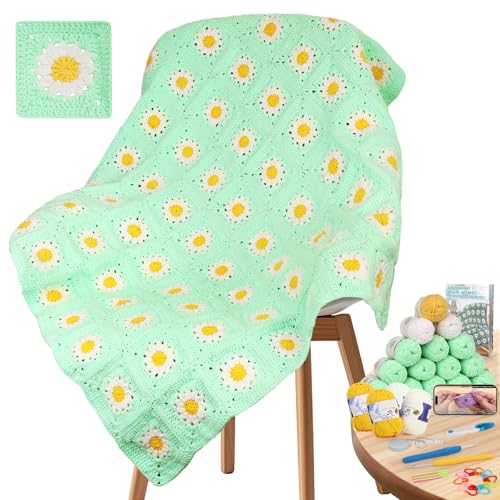 Image of Coopay Crochet Blanket Kit for Beginners, All-in-One Granny Square Blanket Kit with Step-by-Step Video & Enough Yarns - Master Granny Square Crocheting Easily, Ideal Gift for Craft Lovers (Aqua Green)