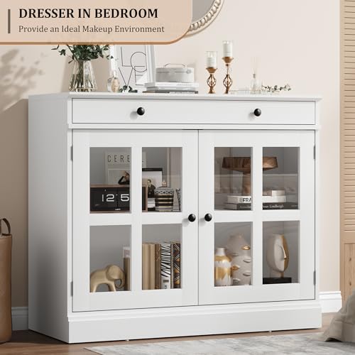 GarveeHome 35.4" Sideboard Buffet Cabinets with Glass Door, Buffet Cabinet with Storage, White Sideboard Cabinet with Drawer, Modern Buffets & Sideboards for Dining Room, Kitchen