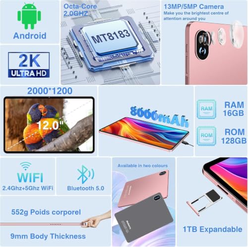 Image of Tablet 12-inch 2K, 16GB RAM + 128GB ROM (1TB TF) Octa-Core | 8000 mAh | 2000 x 1200 Pixels | 5MP + 13MP + 2MP | Bluetooth 5.0 |5G WiFi, Gold Tablet