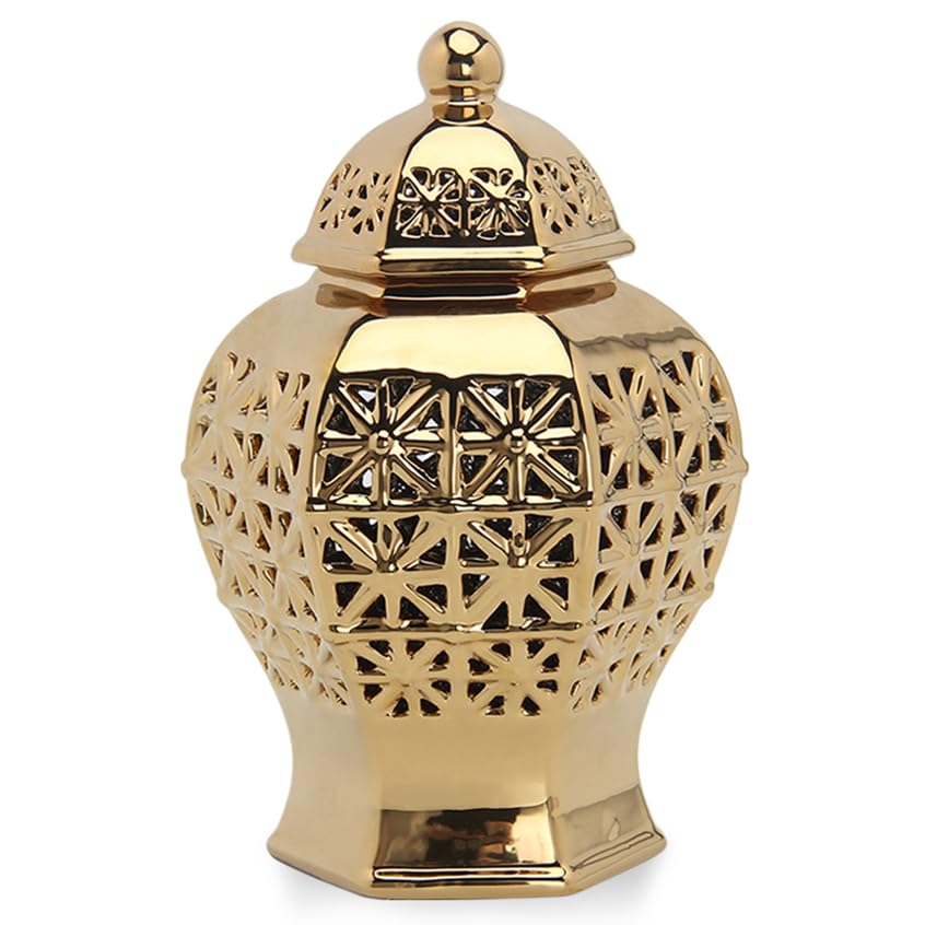 ARSTRIA Ceramic Ginger Jar with Lid Decorative Jar Luxurious Ceramic Ginger Jar with Lid Handmade Temple Jar Hand Carved Lattice Vase Gift Jars for Home Office Table Living Room Bedroom Gold