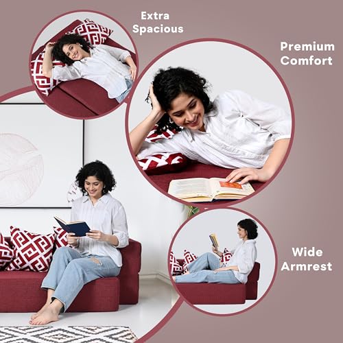 Image of Seventh Heaven 3 Seater 72x44x10, Low Floor Sofa Cum Bed Jute Fabric Fabric with 3 Cushions 3 Seater Double Foam Fold Out Sofa Cum Bed (Finish Color - Maroon Delivery Condition - Pre-Assembled)