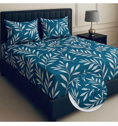 Image of 300 TC Glace-Cotton All Around Elastic Fitted Bedsheet, Elastic Fitted Bedsheet King Size Bedsheet for Double Bed with 2 Pillow Covers, Size - 72 x 78 x 8 Inch Color Matalic Blue