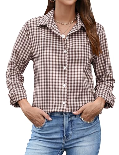Rapbin Blusa de manga larga para mujer, camisa monocolor, elegante, a rayas, informal, ropa de negocios, blusa holgada, blusa de algodón, túnica, camisa, tops, Café Cuadros, M