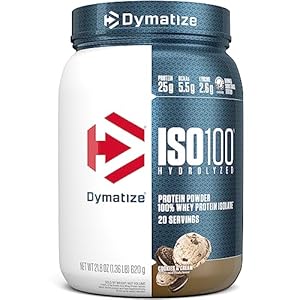 Dymatize ISO100 Whey Protein Powder Isolate, Cookies & Cream, 25g of Protein, 20 Servings, 5.5g BCAAs, Less Than 120 Cal., Gluten Free, 1g Fat, 1g Sugar, 2g Carb