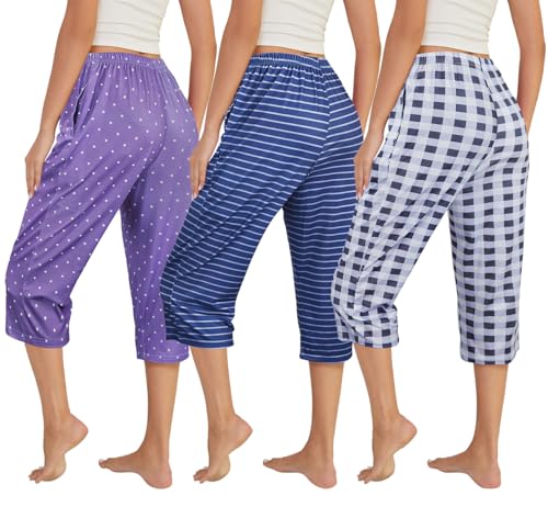 VENTELAN 3 Pack Womens Ultra-Soft Capri Pajama Pants Adjustable Waistband Sleepwear(Available in Plus Size) L