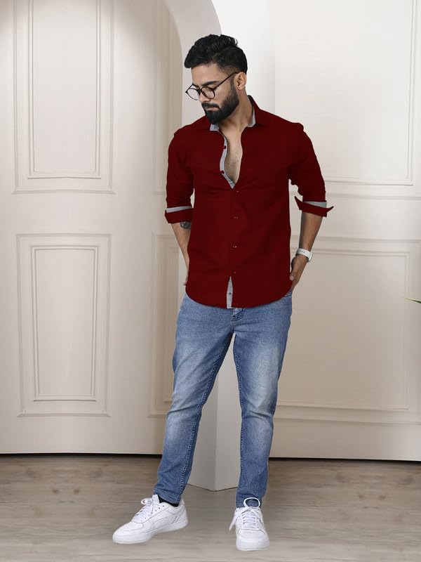 Image of Pinkmint Shirt for Men Cotton Soild Shirt & Spread Collar Long Sleeve Shirt Formal, Travelling