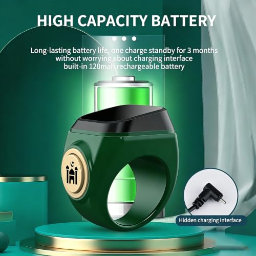 Image of Smart Tasbih Counter,18mm(8) Muslim Digital Azan Alarm Clock Zikr Ring,APP Support Digital Counter Prayer Reminder Rings, Waterproof 4 Digit Finger Counter for Muslims(Green)