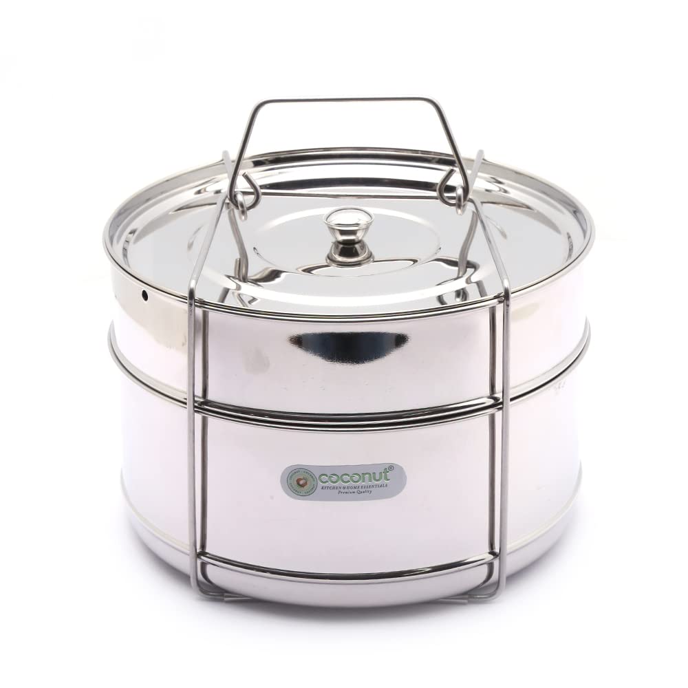 Coconut Stainless Steel Stackable Cooker Separator Containers for 7.5 Litres Cooker I Set of 2 With Lid & Lifter (Suitable For Prestige 7.5 Litre All Models)
