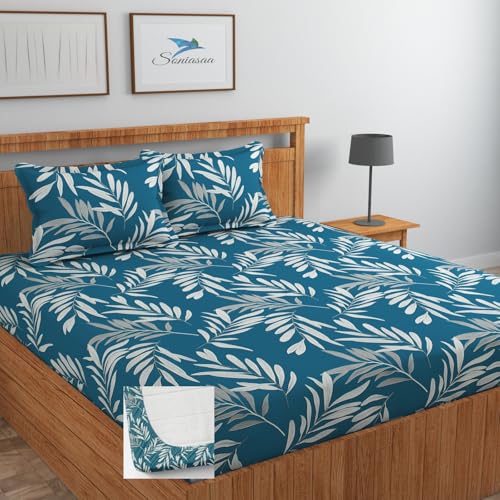 Image of 202 TC Cotton Feel All Around Elastic Fitted Bedsheet, Elastic Fitted Bedsheet King Size Bedsheet for Double Bed with 2 Pillow Covers, Size - 72 x 78 x 8 Inch Color Matalic Blue