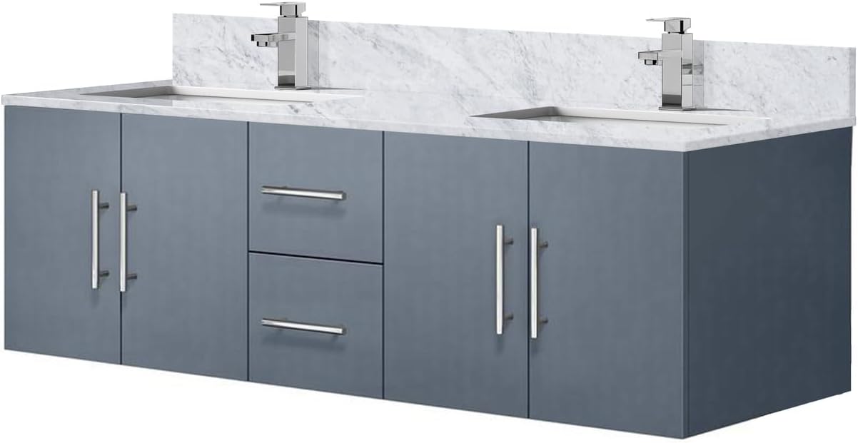 Geneva Dark Grey Bath Vanity Set w/Faucet 60"- Double/Carrara Marble Top