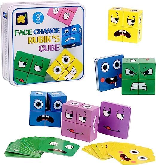 LUYAO Face Changing Cube Building Blocks,Upgraded Wooden Expressions Matching Block Puzzles, 3D Face-Changing Rubik's Cubes Parent-Child Board Game For Children Aged 3+