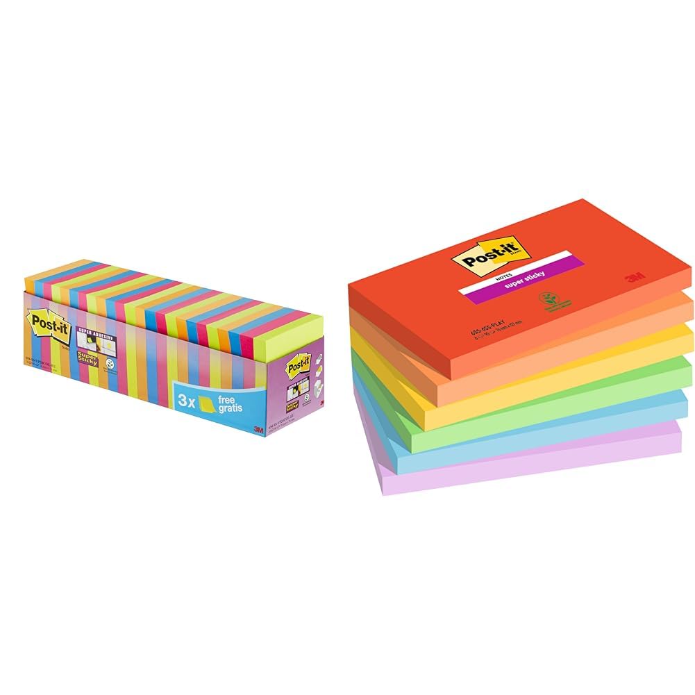 Post-it Super Sticky Notes, Packung mit 24 Blöcken & Super Sticky Notes Playful Color Collection, 6 Blöcke