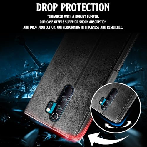 Image of WOW IMAGINE Shock Proof Flip Cover Back Case for Mi Redmi Note 8 Pro (Magnetic Button Flip Case | Wallet Pockets & Stand | Leather Finish | Haze Black)