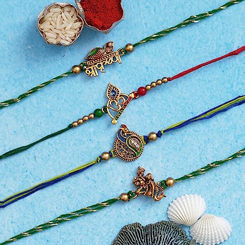 Image of eCraftIndia Red, Blue & Golden Designer Peacock Rakhi with Roli Chawal Pack - Rakhi for Brother