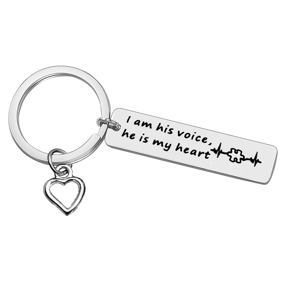 Huwujiu Silver Autism Awareness Keyring I Am His Voice He Is My Heart Keyring Autism Mom Gift Autistic Children Teacher Gift Speech Language Pathologist Gift