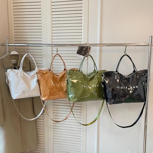 Image of PVC Tote Bag Gifts for Women Large Tote Purse Kraft Paper Letter Print Hobo Handbags for Work Beach Shopping Travel
