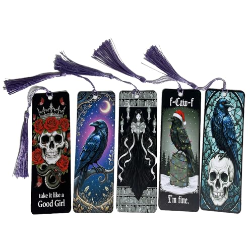 5 segnalibri gotici con corvo e teschio - Marcatori per pagine di libri fantasy scuri con nappe viola - Regali di lettura horror, strega e occulta per gli amanti dei libri, accessori di Halloween