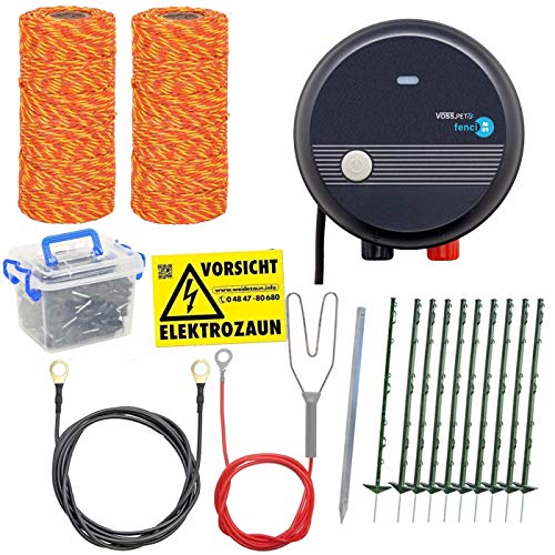VOSS.farming Hundezaun Komplettset 200m Elektrozaun, ideal für Einzäunungen in Ihrem Garten, mit umfangreichem Zubehör, anschlussfertig mit 600m Weidezaunlitze orange, 40 grüne Pfähle 105cm