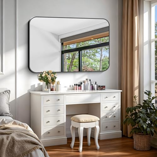 Image of Black Bathroom Mirror, 28x42 inch Aluminum Metal Frame Rectangular Vanity Mirror, Wall Mounted Rectangle Mirrors with Rounded Corner for Bedroom Living Room Hangs Horizontal Or Vertical