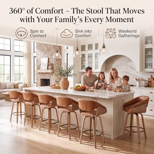 Image of 26 inch Swivel Bar Stool Set of 1, Brown Faux Leather Counter Height Barstool