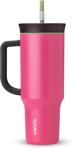 Owala Vaso de viaje aislado de acero inoxidable de triple capa con tapa resistente a derrames, popote y asa de transporte, sin BPA, 40 onzas, rosa