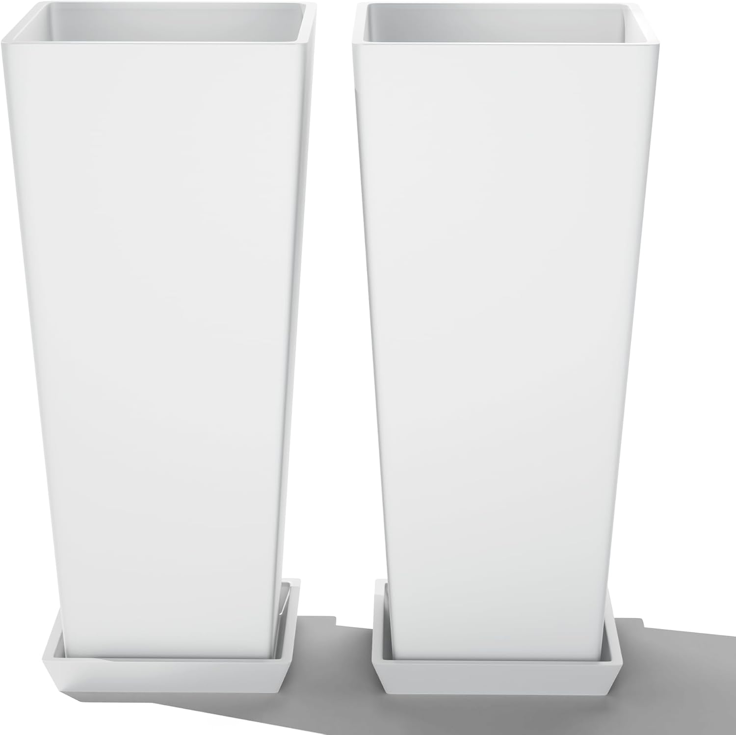 FENCY Set of 2 24 Inch Tall Outdoor Planters - Weatherproof Tapered Plastic Pots with Drainage Trays for Patio, Porch, Garden Decor, White