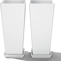 FENCY Set of 2 24 Inch Tall Outdoor Planters - Weatherproof Tapered Plastic Pots with Drainage Trays for Patio, Porch, Garden Decor, White