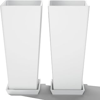 FENCY Set of 2 24 Inch Tall Outdoor Planters - Weatherproof Tapered Plastic Pots with Drainage Trays for Patio, Porch, Garden Decor, White