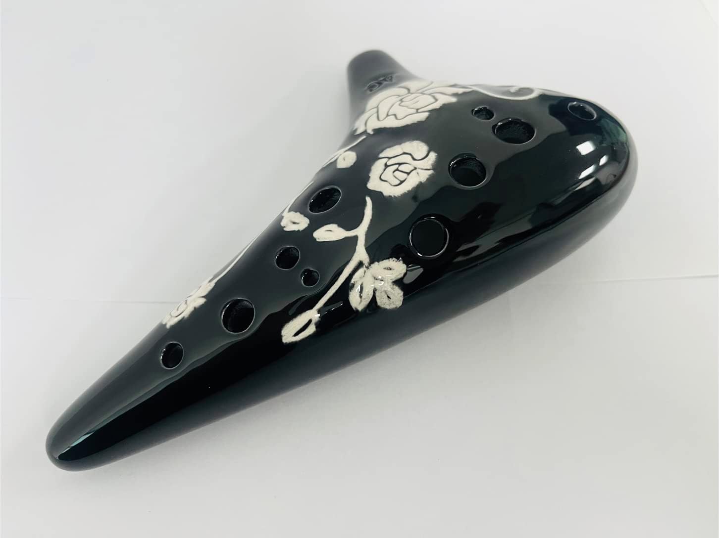 Rose Flower Ocarina 12 Hole Alto C Relief Pattern AC Tone Ceramic Instrument (Black)