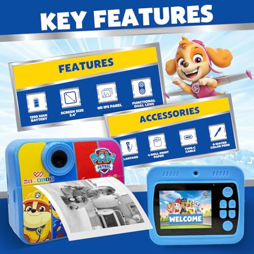 Image of Wembley DIY Instant Print Digital Camera for Kids 3+| Includes Print Rolls, 4GB SD Card & Strap| Fun Birthday Gift for Boys & Girls (Paw Patrol Theme)
