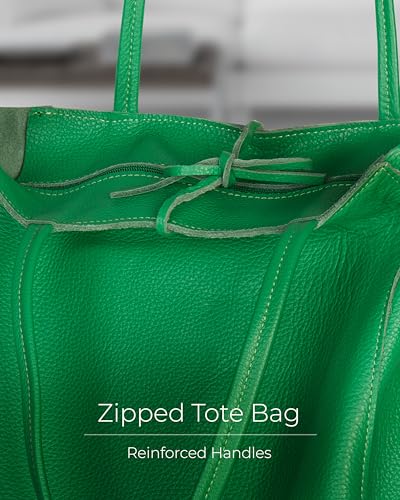 Image of Genuine Italian Leather Tote Bag for Women, Large Slouchy Purse, Green | Unstructured bag, raw unlined interior with zip pocket, top zipper, side ties, folds flat, fits a 16-inch laptop, lightweight