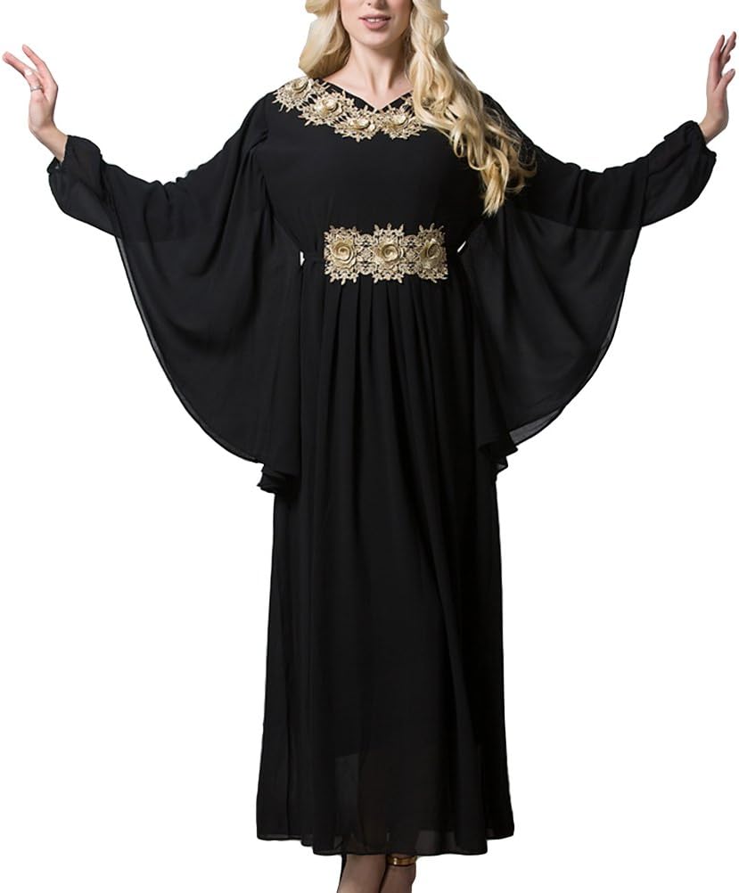 LUOEM New Arabic Style Dress Dubai Kaftan Batwing Sleeves Muslim Gown with Golden Applique Middle Eastern Maxi Robe for Women Girls - Size XL (Black)