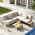JOYURE 4-Piece Patio Furniture Set,Metal Outdoor Sectional Sofa with 3 Fauxwood Tables &Adjustable Reclining Chair,Patio Modular L Shape Sofa with Thickened Cushions for Backyard,Deck,Balcony,Beige