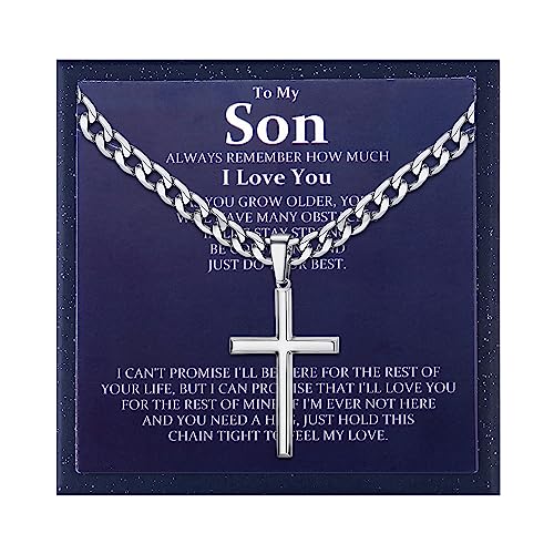 Besteel 925 Sterling Silver Cross Necklace Beveled Edge for Men Women 5mm Stainless Steel Non Tarnish Durable Cuban Link Curb Chain Crucifix Baptism Pendant Necklace Jewelry for Son 22IN